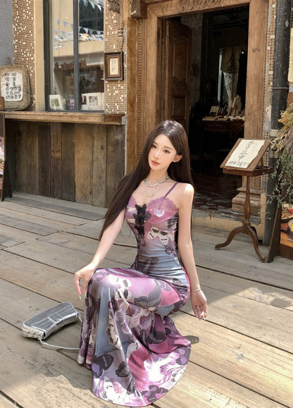 Summer Butterfly Print Stretch Mermaid Dress Spaghetti Strap Photo Ready Long Dress AP0430
