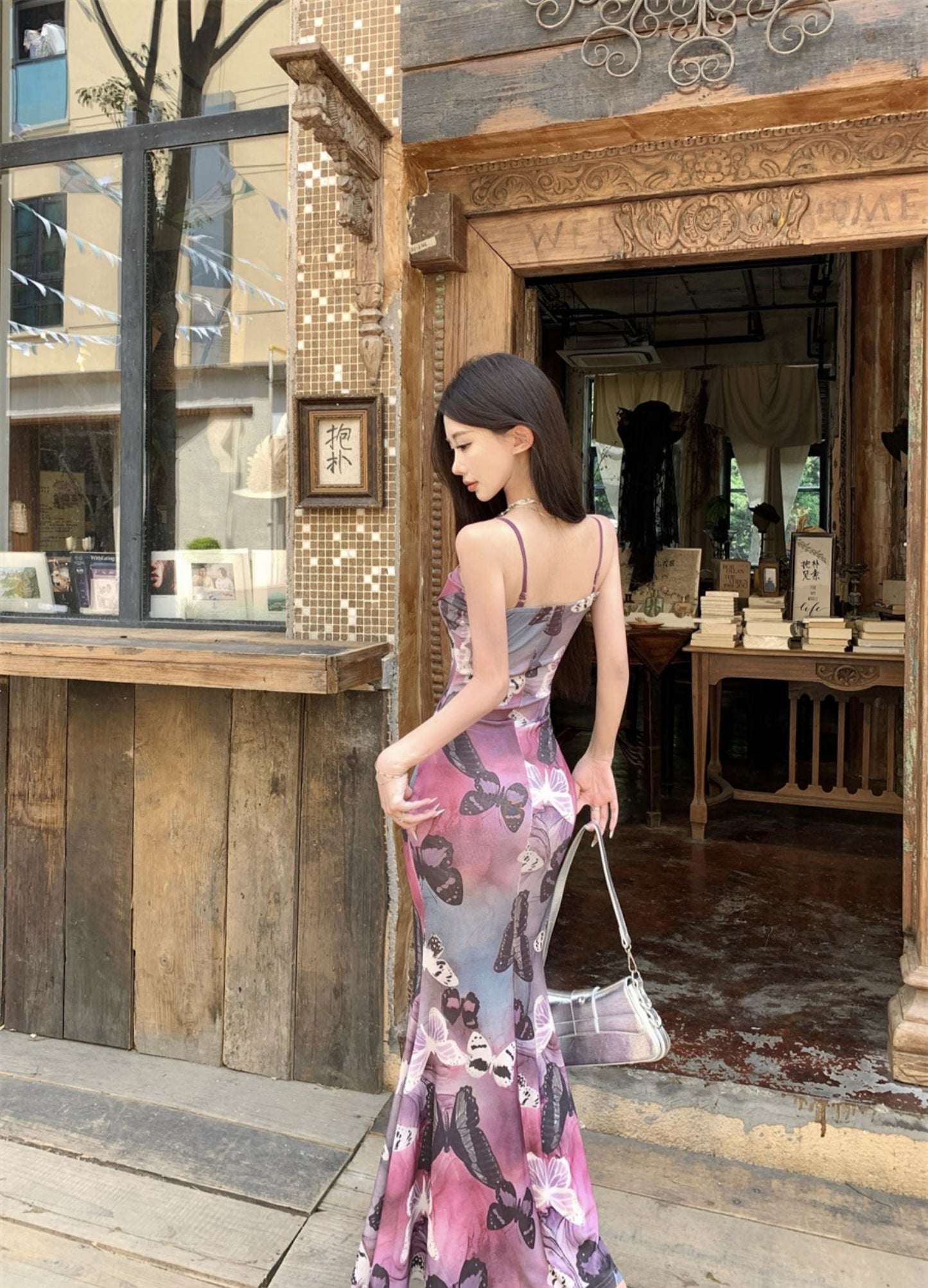 Summer Butterfly Print Stretch Mermaid Dress Spaghetti Strap Photo Ready Long Dress AP0430