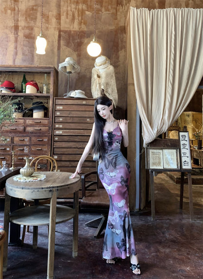 Summer Butterfly Print Stretch Mermaid Dress Spaghetti Strap Photo Ready Long Dress AP0430