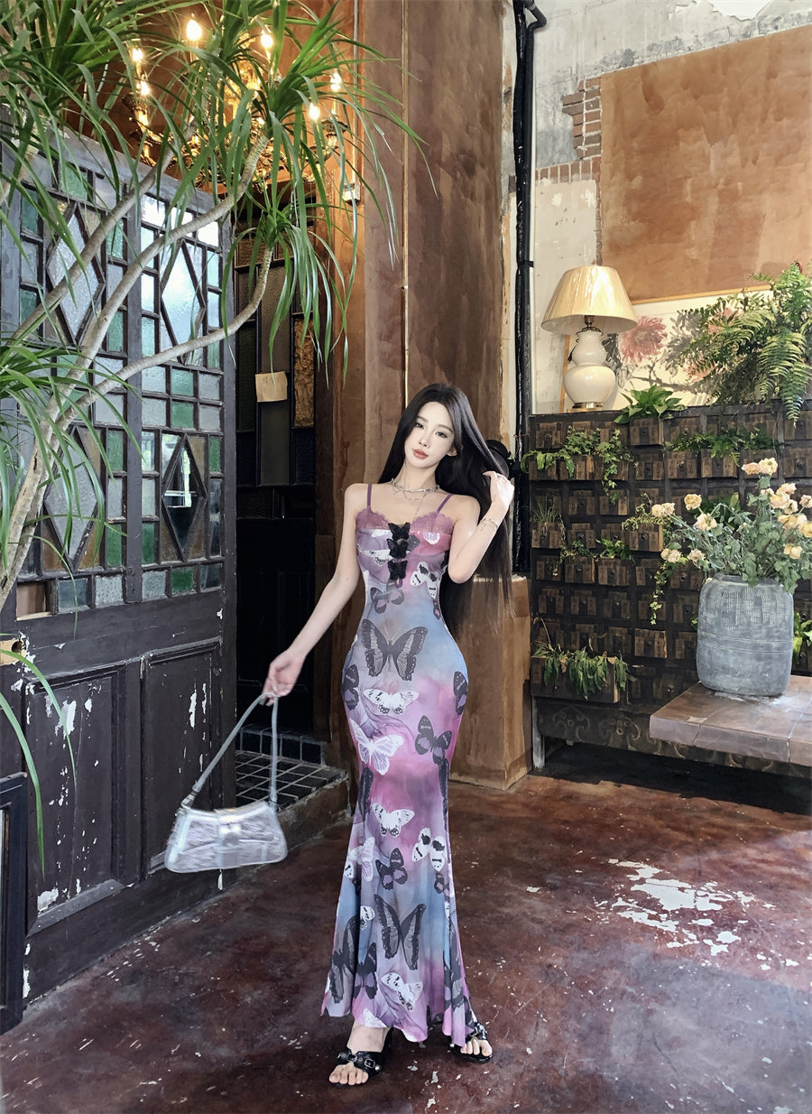 Summer Butterfly Print Stretch Mermaid Dress Spaghetti Strap Photo Ready Long Dress AP0430