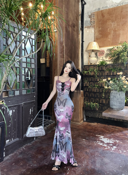 Summer Butterfly Print Stretch Mermaid Dress Spaghetti Strap Photo Ready Long Dress AP0430