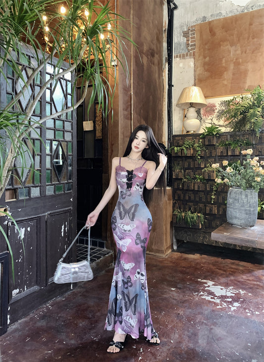 Summer Butterfly Print Stretch Mermaid Dress Spaghetti Strap Photo Ready Long Dress AP0430