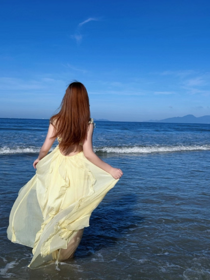 Ethereal Off-Shoulder Maxi Dress Seaside Photo Outfit Flowy Romantic Spaghetti Strap Long Dress AP0431