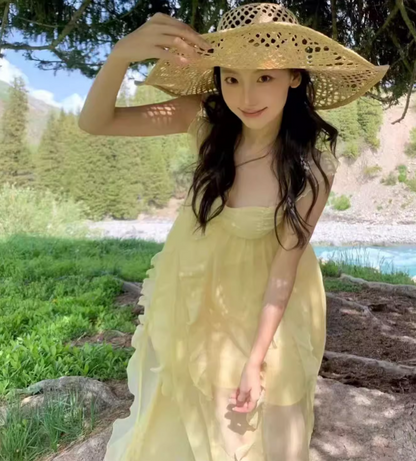 Ethereal Off-Shoulder Maxi Dress Seaside Photo Outfit Flowy Romantic Spaghetti Strap Long Dress AP0431