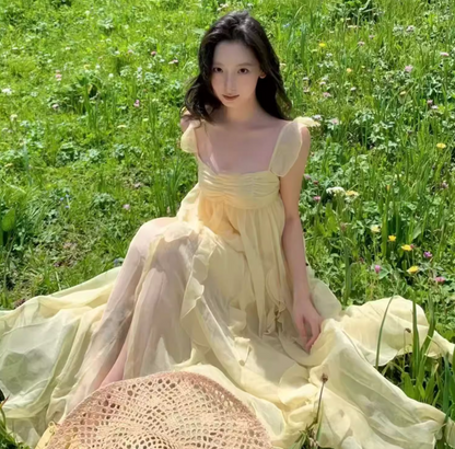 Ethereal Off-Shoulder Maxi Dress Seaside Photo Outfit Flowy Romantic Spaghetti Strap Long Dress AP0431