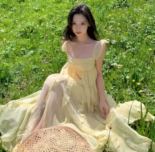 Ethereal Off-Shoulder Maxi Dress Seaside Photo Outfit Flowy Romantic Spaghetti Strap Long Dress AP0431