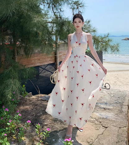 Floral Print Ethereal Vacation Midi Dress Backless V Neck Seaside Halter Long Dress AP0432