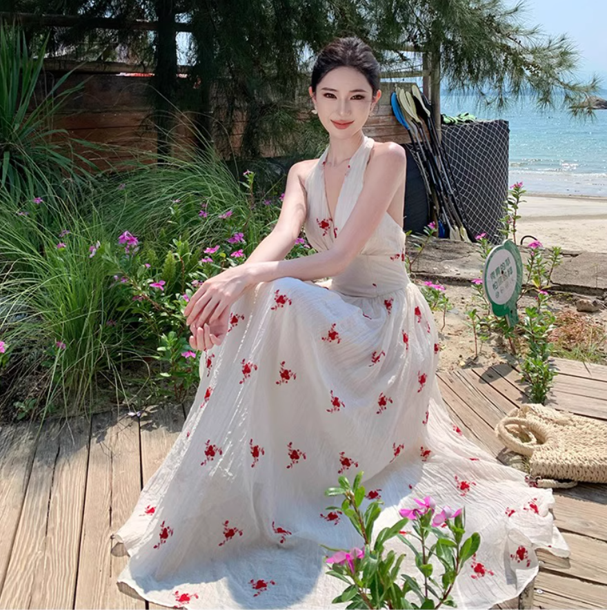 Floral Print Ethereal Vacation Midi Dress Backless V Neck Seaside Halter Long Dress AP0432