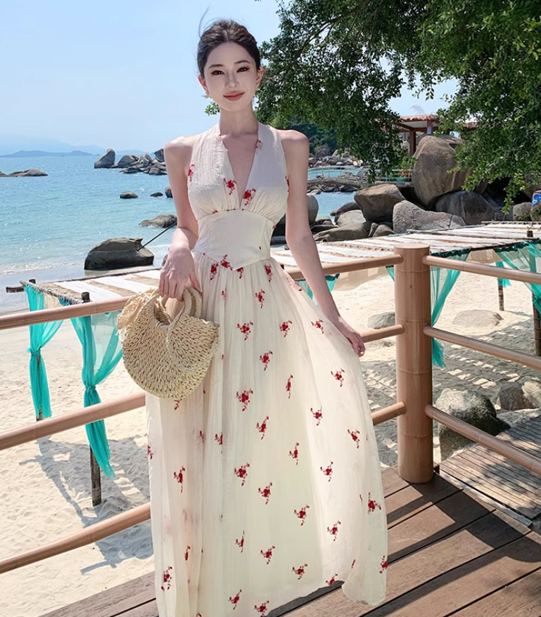 Floral Print Ethereal Vacation Midi Dress Backless V Neck Seaside Halter Long Dress AP0432