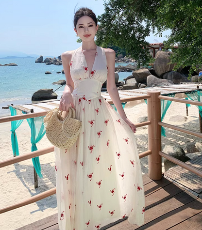 Floral Print Ethereal Vacation Midi Dress Backless V Neck Seaside Halter Long Dress AP0432