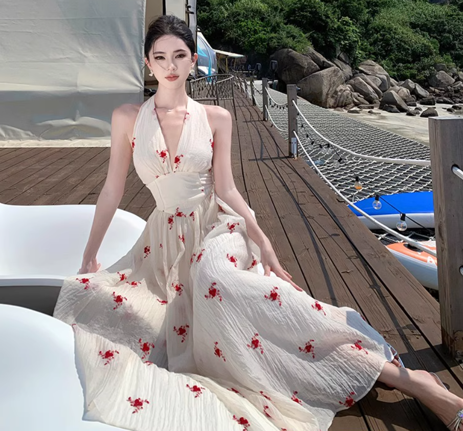 Floral Print Ethereal Vacation Midi Dress Backless V Neck Seaside Halter Long Dress AP0432