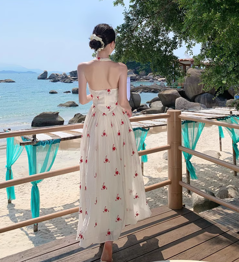 Floral Print Ethereal Vacation Midi Dress Backless V Neck Seaside Halter Long Dress AP0432