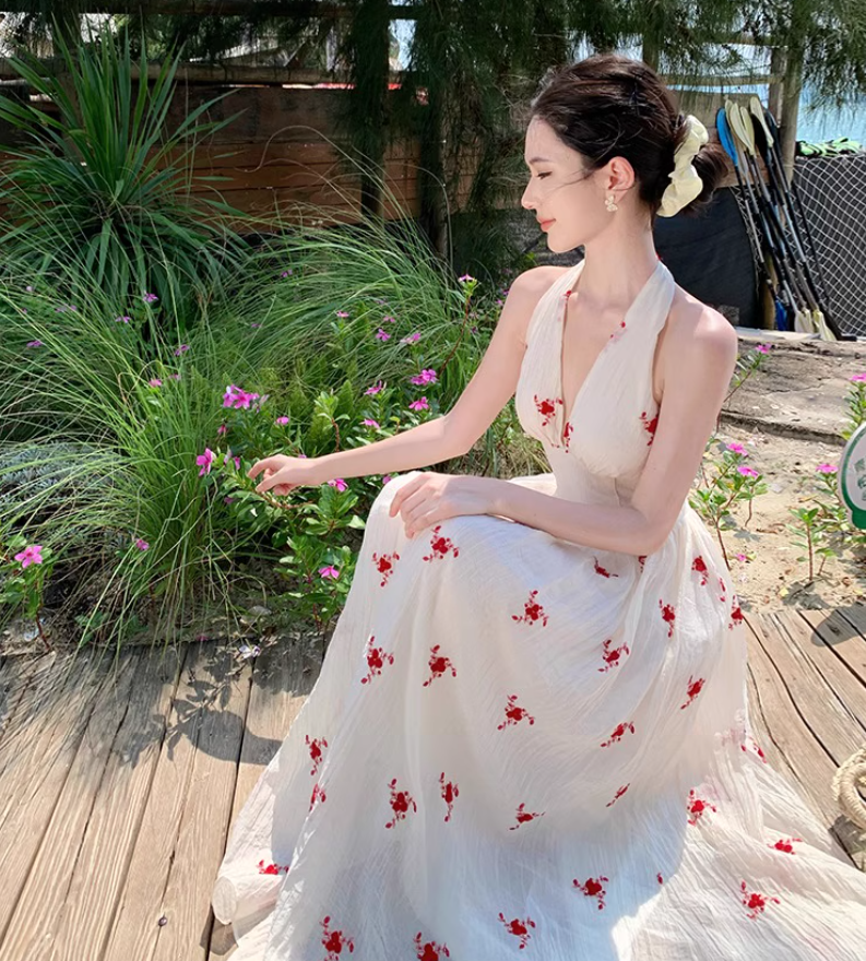 Floral Print Ethereal Vacation Midi Dress Backless V Neck Seaside Halter Long Dress AP0432