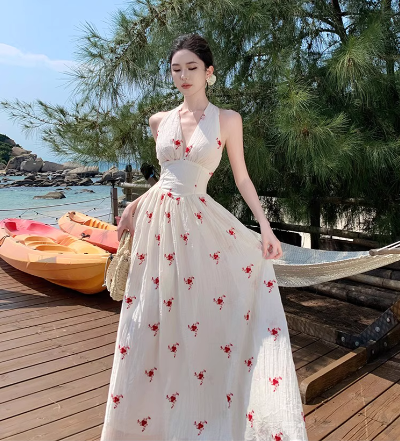 Floral Print Ethereal Vacation Midi Dress Backless V Neck Seaside Halter Long Dress AP0432