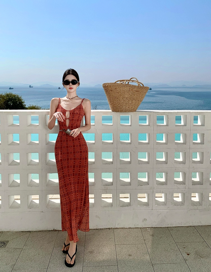 Plaid Print Brightening Maxi Dress Hollow-Out Spaghetti Strap Vacation Long Dress AP0433