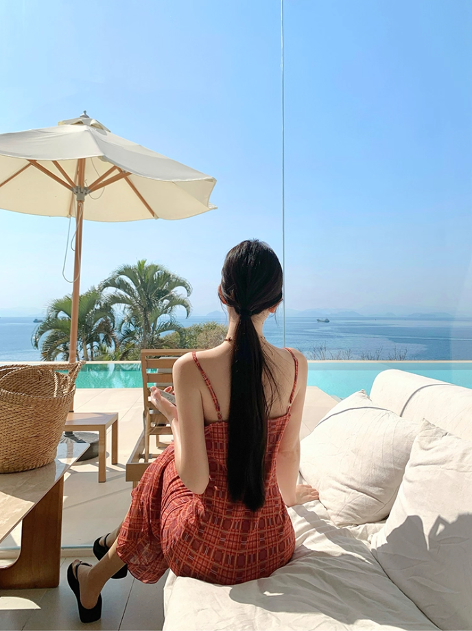 Plaid Print Brightening Maxi Dress Hollow-Out Spaghetti Strap Vacation Long Dress AP0433