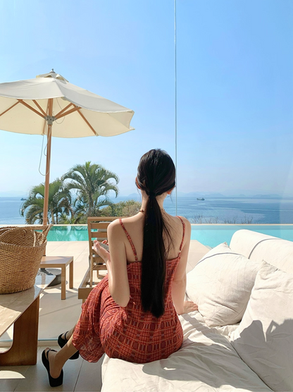 Plaid Print Brightening Maxi Dress Hollow-Out Spaghetti Strap Vacation Long Dress AP0433