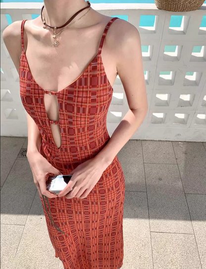 Plaid Print Brightening Maxi Dress Hollow-Out Spaghetti Strap Vacation Long Dress AP0433
