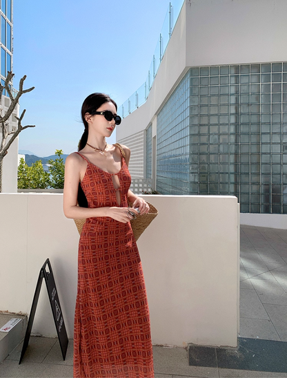 Plaid Print Brightening Maxi Dress Hollow-Out Spaghetti Strap Vacation Long Dress AP0433