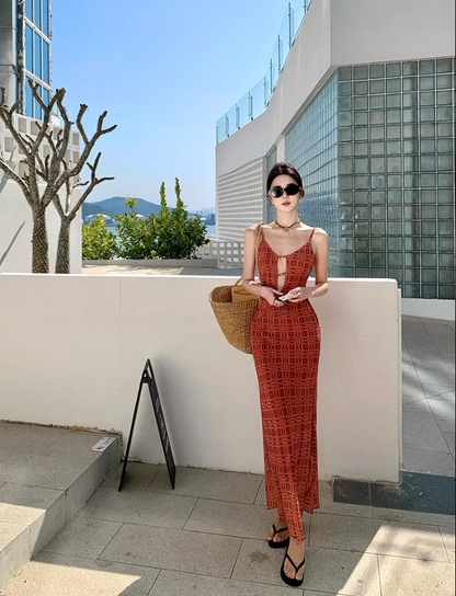 Plaid Print Brightening Maxi Dress Hollow-Out Spaghetti Strap Vacation Long Dress AP0433