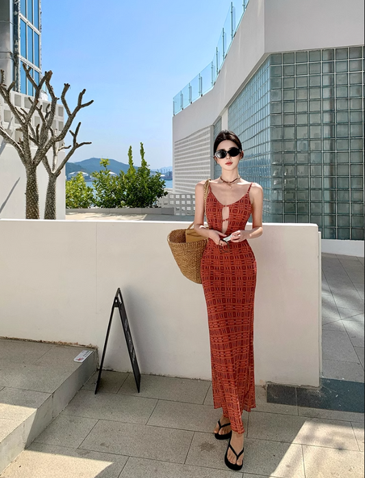 Plaid Print Brightening Maxi Dress Hollow-Out Spaghetti Strap Vacation Long Dress AP0433