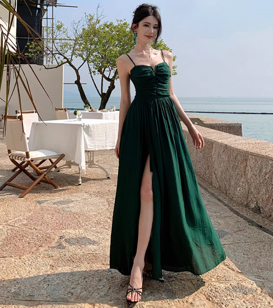 Elegant High-Slit Ethereal Draped Dress Brightening Spaghetti Strap Seaside Vacation Long Dress AP0434
