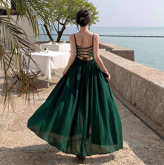 Elegant High-Slit Ethereal Draped Dress Brightening Spaghetti Strap Seaside Vacation Long Dress AP0434