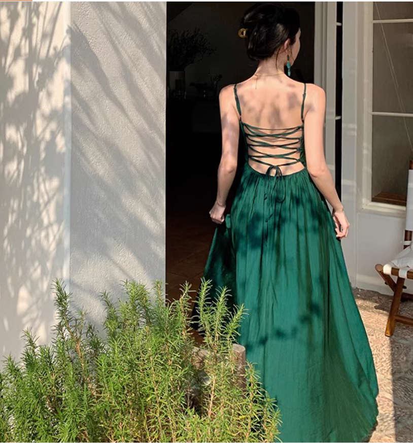 Elegant High-Slit Ethereal Draped Dress Brightening Spaghetti Strap Seaside Vacation Long Dress AP0434