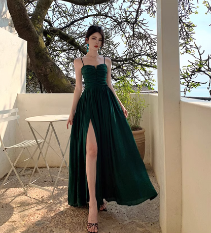 Elegant High-Slit Ethereal Draped Dress Brightening Spaghetti Strap Seaside Vacation Long Dress AP0434