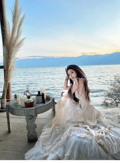 Ethereal Lightweight Ruffles Hem Beach Sundress Backless V Neck Halter Long Dress AP0435