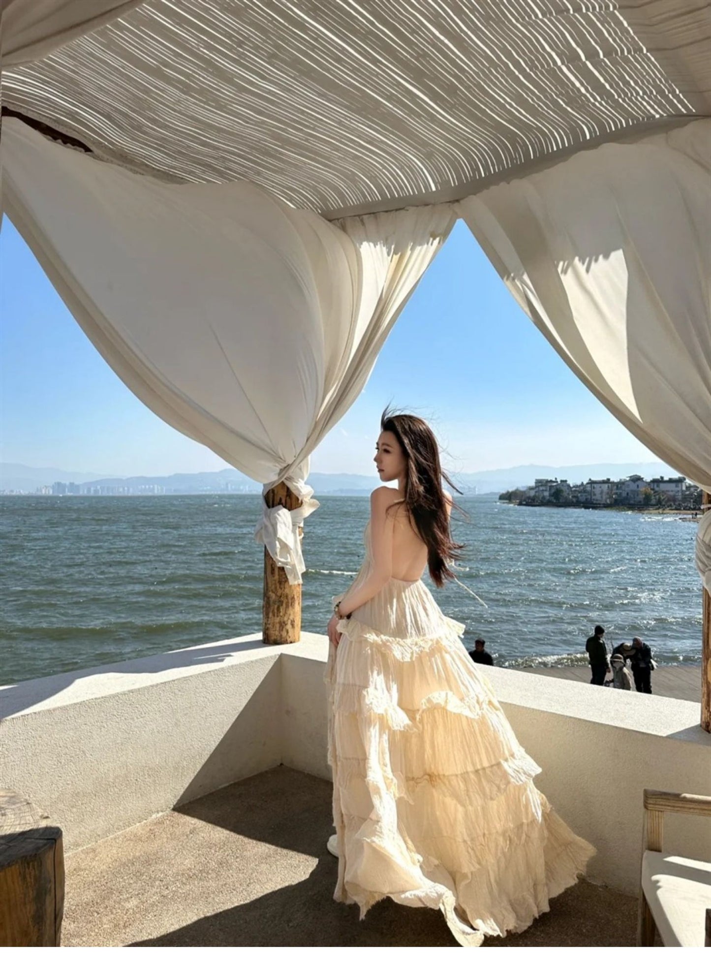 Ethereal Lightweight Ruffles Hem Beach Sundress Backless V Neck Halter Long Dress AP0435