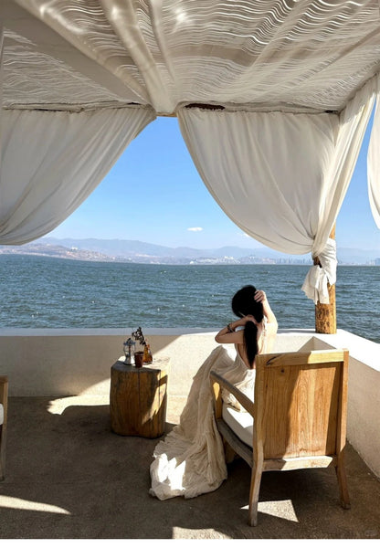 Ethereal Lightweight Ruffles Hem Beach Sundress Backless V Neck Halter Long Dress AP0435