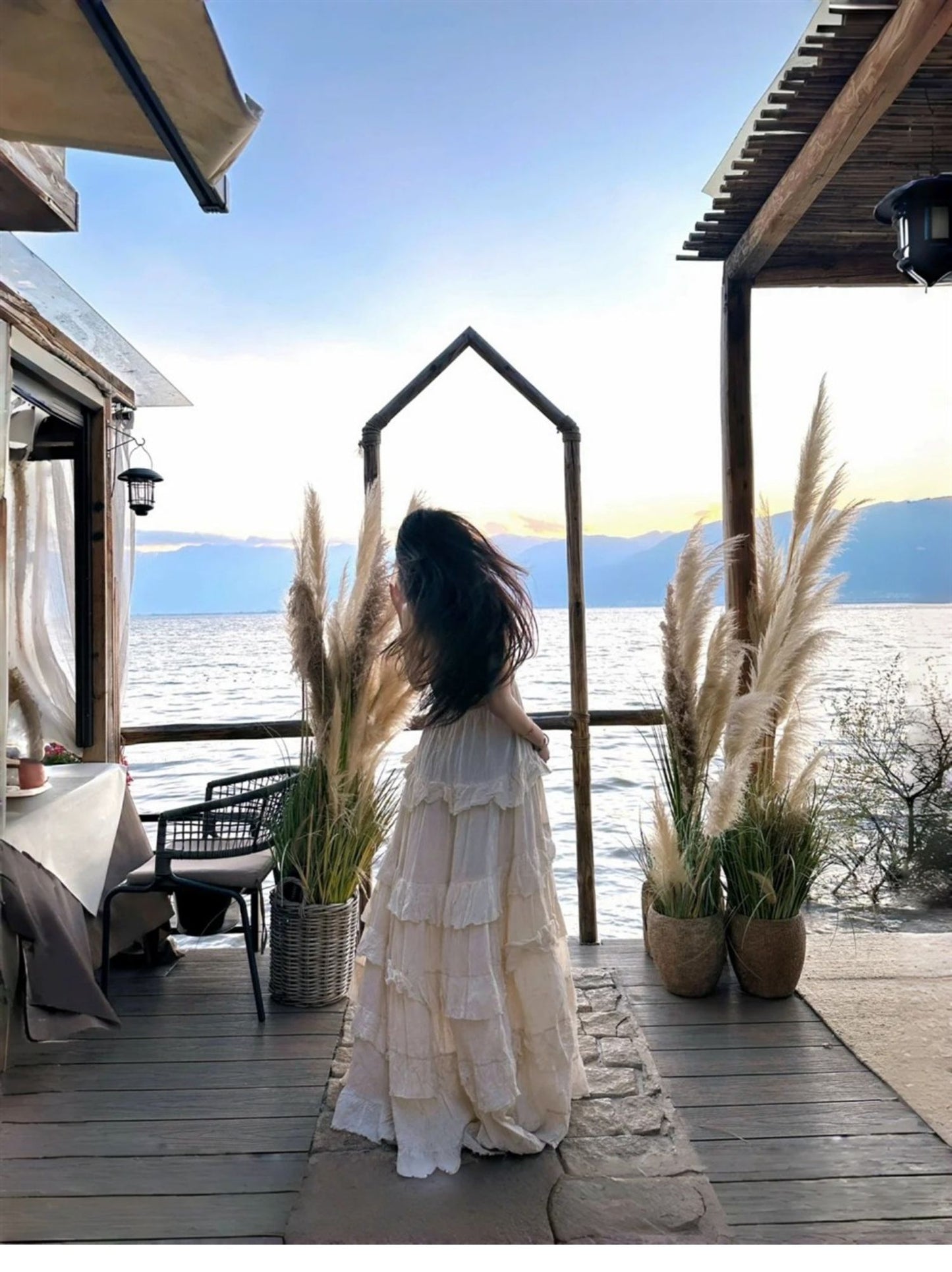 Ethereal Lightweight Ruffles Hem Beach Sundress Backless V Neck Halter Long Dress AP0435