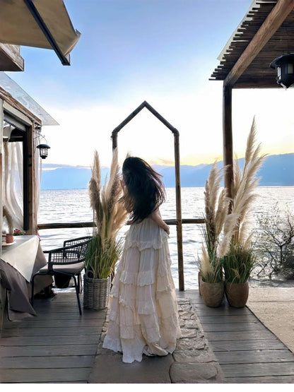 Ethereal Lightweight Ruffles Hem Beach Sundress Backless V Neck Halter Long Dress AP0435