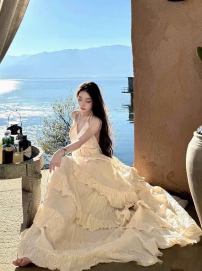 Ethereal Lightweight Ruffles Hem Beach Sundress Backless V Neck Halter Long Dress AP0435