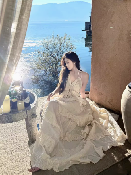 Ethereal Lightweight Ruffles Hem Beach Sundress Backless V Neck Halter Long Dress AP0435