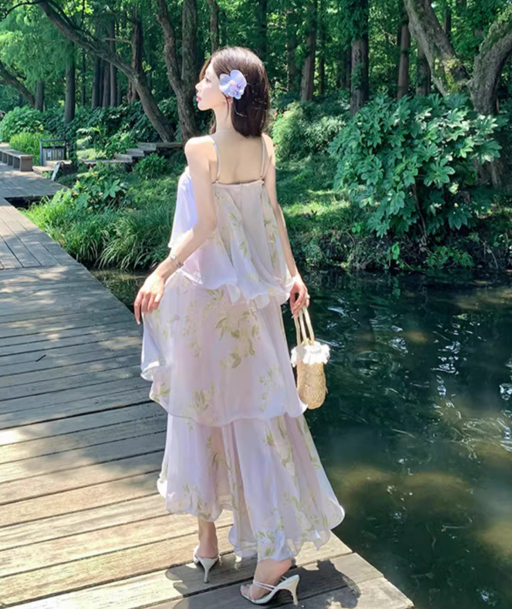Elegant Spaghetti Strap Lightweight Floral Print Dress Seaside Vacation Layered Long Dress AP0436