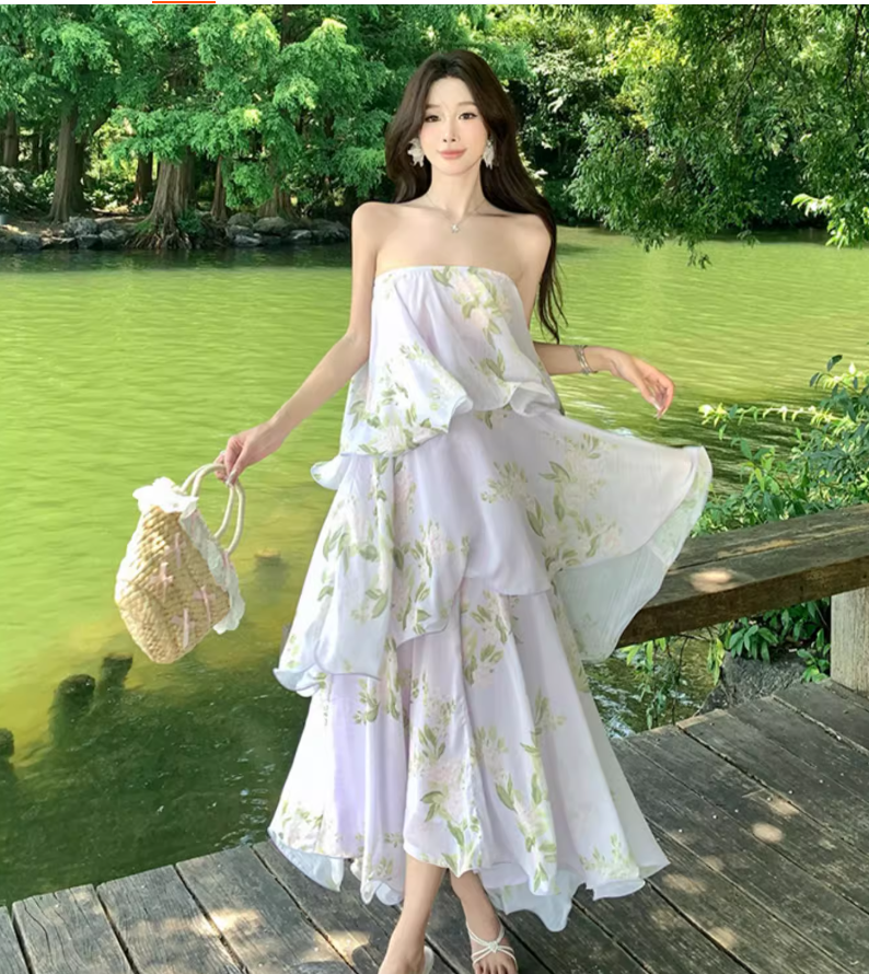 Elegant Spaghetti Strap Lightweight Floral Print Dress Seaside Vacation Layered Long Dress AP0436