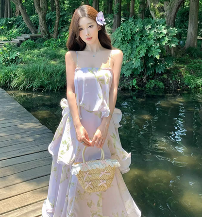 Elegant Spaghetti Strap Lightweight Floral Print Dress Seaside Vacation Layered Long Dress AP0436