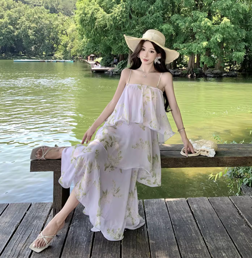 Elegant Spaghetti Strap Lightweight Floral Print Dress Seaside Vacation Layered Long Dress AP0436