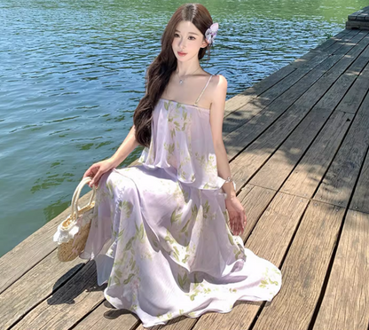 Elegant Spaghetti Strap Lightweight Floral Print Dress Seaside Vacation Layered Long Dress AP0436