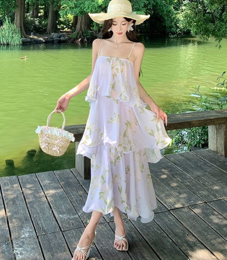Elegant Spaghetti Strap Lightweight Floral Print Dress Seaside Vacation Layered Long Dress AP0436