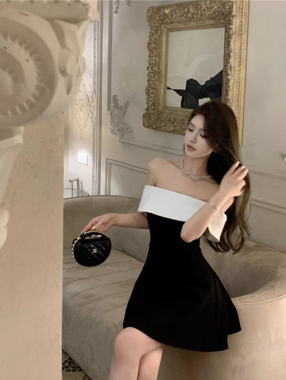 Elegant Off-Shoulder Summer Skirt Strapless White-Black Splicing Short Dress AP0437