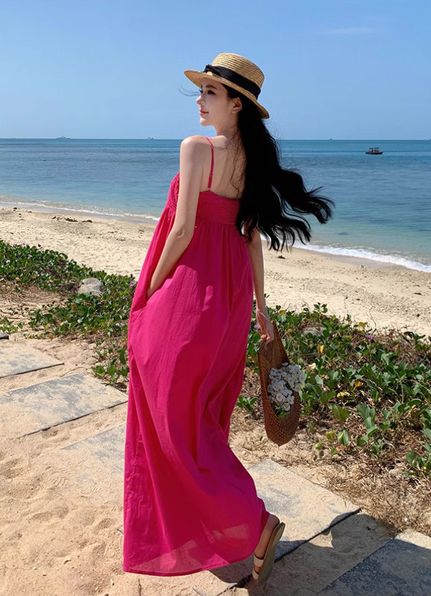 Vacation Photo Spaghetti Strap Maxi Dress Stretchy Bright Summer Hot Girls Long Dress AP0439