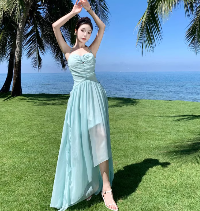 2025 Flowy Beach Vacation Hollow-Out Dress Natural Waist Halter Long Dress AP0440