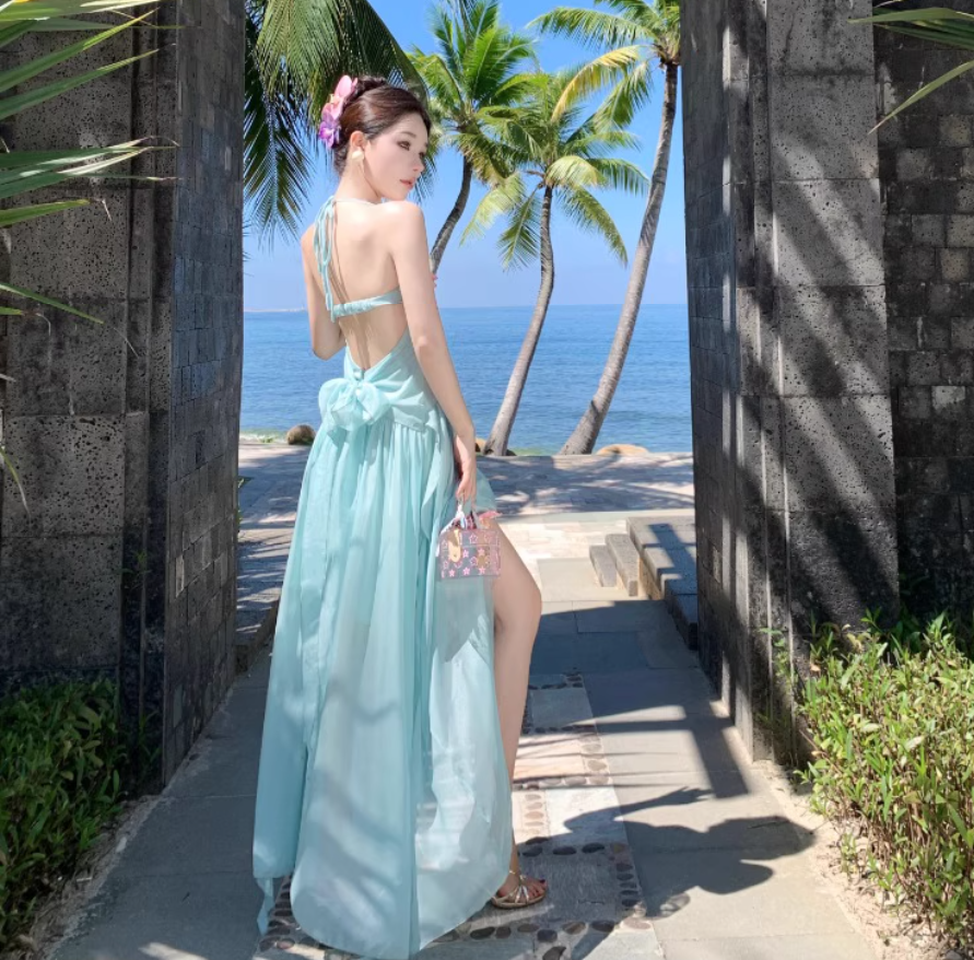2025 Flowy Beach Vacation Hollow-Out Dress Natural Waist Halter Long Dress AP0440