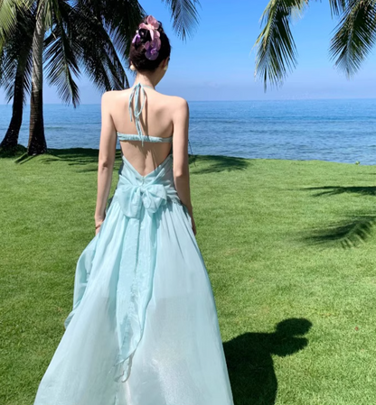 2025 Flowy Beach Vacation Hollow-Out Dress Natural Waist Halter Long Dress AP0440