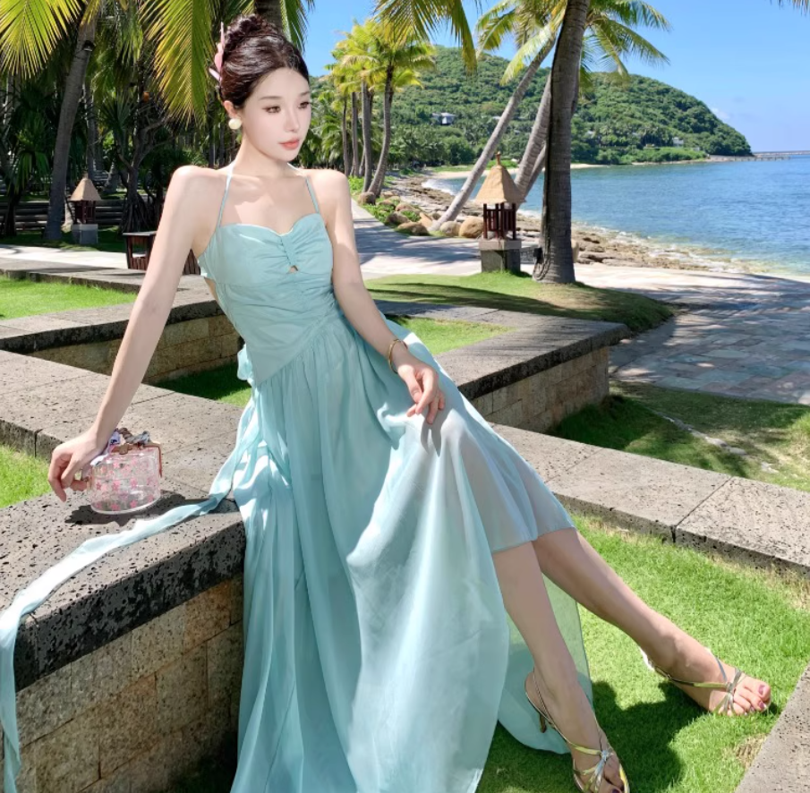2025 Flowy Beach Vacation Hollow-Out Dress Natural Waist Halter Long Dress AP0440