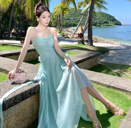 2025 Flowy Beach Vacation Hollow-Out Dress Natural Waist Halter Long Dress AP0440