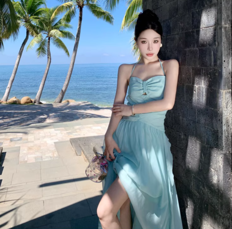 2025 Flowy Beach Vacation Hollow-Out Dress Natural Waist Halter Long Dress AP0440